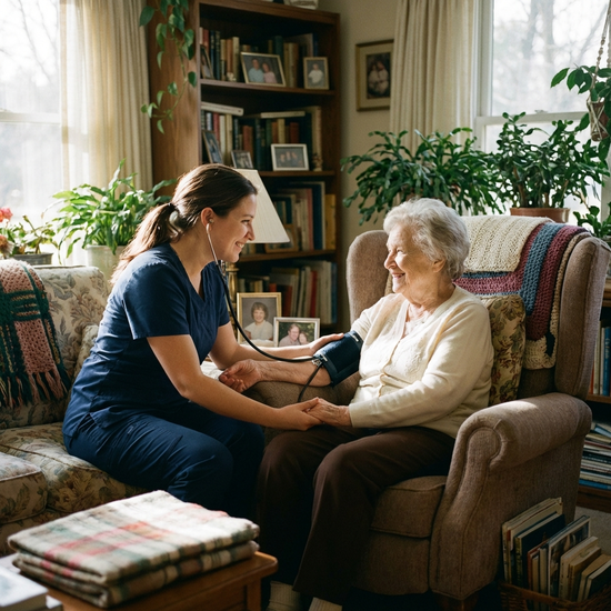 Eine einfühlsame Pflegekraft misst den Blutdruck einer älteren Dame, die gemütlich in ihrem Wohnzimmersessel sitzt. Die Szene ist hell, ruhig und strahlt Vertrauen aus.