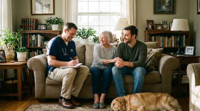 Ein sympathischer Pflegedienstleiter sitzt mit einer Familie im Wohnzimmer auf dem Sofa, hört aufmerksam zu und notiert sich wichtige Details für die Pflegeplanung. Warme, vertrauensvolle Stimmung.