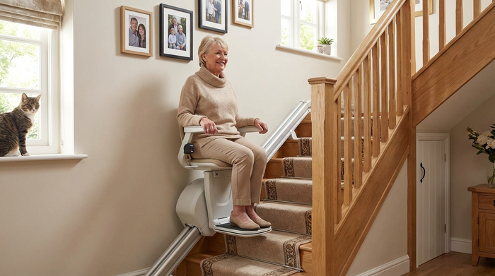 Eine ältere Dame fährt sicher und entspannt mit einem modernen Treppenlift die Holztreppe in ihrem gepflegten Einfamilienhaus hinauf. Sie lächelt zufrieden.