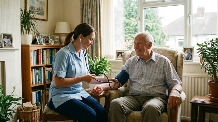 Eine professionelle Pflegekraft in hellblauer Berufskleidung misst behutsam den Blutdruck eines älteren Herrn in einem gemütlichen Wohnzimmer. Der Herr lächelt dankbar. Helles Tageslicht, medizinische Kompetenz und Fürsorge ausstrahlend.