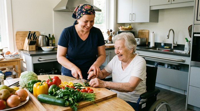 Eine liebevolle osteuropäische Betreuungskraft kocht gemeinsam mit einer Seniorin in einer modernen, barrierefreien Küche. Frisches Gemüse liegt auf der Arbeitsplatte. Beide lachen und genießen die gemeinsame Zeit. Realistische, herzliche Szene.