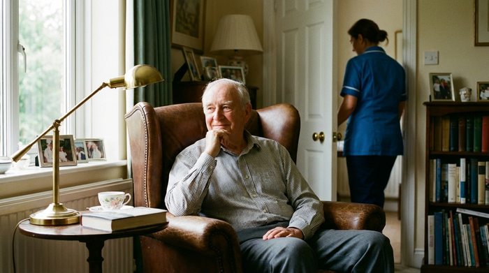 Ein älterer Herr sitzt nachdenklich, aber zufrieden in einem bequemen Sessel, neben ihm ein kleiner Tisch mit einer Leselampe. Im Hintergrund sieht man unscharf eine Pflegekraft, die diskret den Raum verlässt. Ruhige, sichere Atmosphäre.