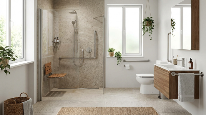 Ein modernes, helles und komplett barrierefreies Badezimmer mit einer bodengleichen Dusche, rutschfesten Fliesen und dezenten, eleganten Haltegriffen an den Wänden. Sauber, sicher und altersgerecht gestaltet, ohne klinisch zu wirken.