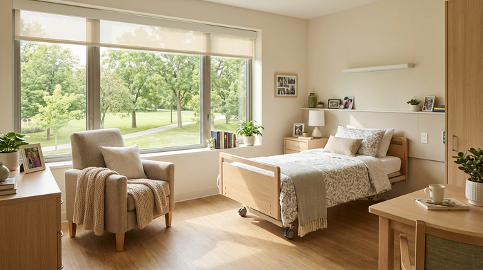 Ein helles, gemütlich eingerichtetes Zimmer in einem modernen Seniorenheim mit einem bequemen Sessel, einem frisch bezogenen Bett und großen Fenstern mit Blick in einen grünen Park.