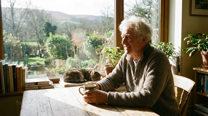 Ein lächelnder älterer Herr mit weißem Haar sitzt an einem Holztisch und hält eine Kaffeetasse, während er entspannt aus dem Fenster schaut. Friedliche und sorgenfreie Stimmung.
