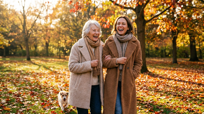 Eine ältere Dame und ihre erwachsene Tochter spazieren Arm in Arm durch einen herbstlichen Park, beide lachen und wirken unbeschwert und glücklich.