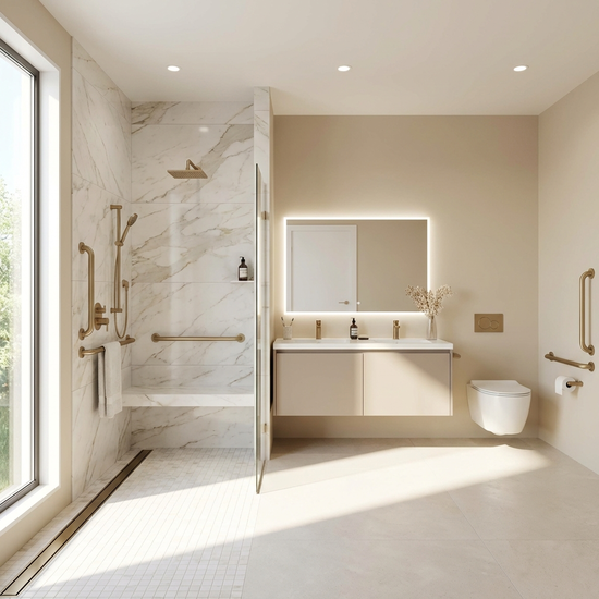 Ein modernes, helles und barrierefreies Badezimmer mit einer großzügigen, ebenerdigen Dusche, edlen Fliesen und eleganten Haltegriffen an den Wänden.