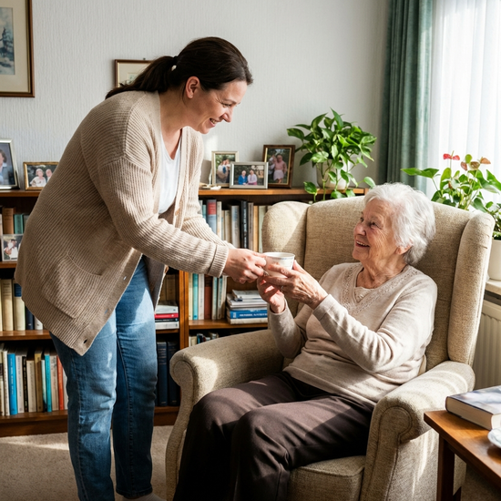 Eine fürsorgliche Pflegekraft in Alltagskleidung reicht einer älteren Frau im eigenen Wohnzimmer liebevoll eine Tasse Tee.