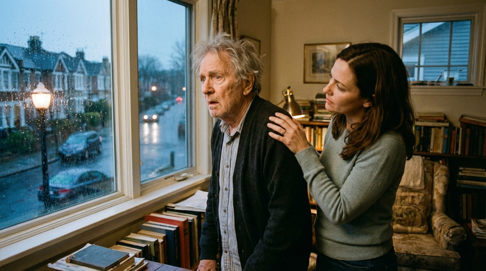 Ein älterer Herr mit grauem Haar blickt leicht desorientiert aus einem Fenster in ein abendliches Wohnviertel, während eine jüngere Frau beruhigend ihre Hand auf seine Schulter legt. Die Szene wirkt emotional und authentisch.