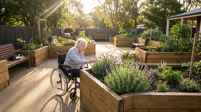 Ein sicherer, schön angelegter Demenzgarten mit rollstuhlgerechten Hochbeeten aus Holz. Eine ältere Dame berührt sanft die Blätter einer Pflanze, die Sonne scheint an einem warmen Nachmittag.