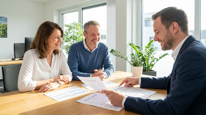 Zwei erwachsene Kinder sitzen gemeinsam mit einem Berater an einem hellen Holztisch und besprechen Dokumente. Die Gesichter zeigen Erleichterung und Zuversicht bei der Planung der Pflegefinanzierung.