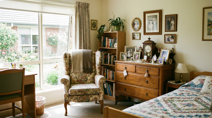 Ein helles, freundliches Bewohnerzimmer in einem Pflegeheim, eingerichtet mit einigen persönlichen, älteren Möbelstücken und gerahmten Familienfotos auf der Kommode. Ein gemütlicher Ohrensessel steht direkt am Fenster.