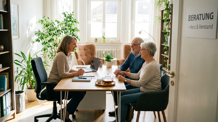 Eine empathische Beraterin sitzt an einem aufgeräumten Schreibtisch und spricht freundlich mit einem älteren Ehepaar. Helles Büro mit grünen Pflanzen, entspannte und vertrauensvolle Gesprächsatmosphäre.