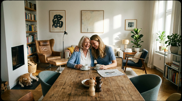 Eine ältere Frau sitzt mit ihrer erwachsenen Tochter entspannt am Esstisch bei einer Tasse Kaffee. Sie wirken erleichtert und glücklich. Helles, gemütliches Wohnzimmer mit stilvoller Einrichtung.