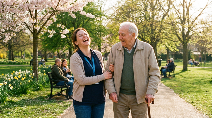 Eine freundliche Pflegekraft lacht gemeinsam mit einem älteren Herrn beim Spaziergang durch einen sonnigen Park. Frühlingshaftes Wetter, grüne Bäume, harmonisches Miteinander und spürbare Lebensfreude im Alter.