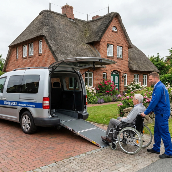 Ein rollstuhlgerechter Kleinbus steht mit geöffneter Rampe vor einem gepflegten norddeutschen Backsteinhaus. Ein freundlicher Fahrer hilft einem Senior.