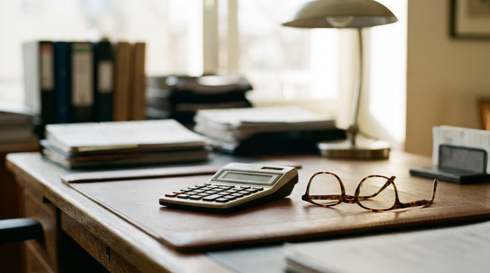 Ein ordentlicher Schreibtisch mit einem Taschenrechner, einer Brille und einigen unscharfen Dokumenten im Hintergrund. Sanftes Tageslicht, fokussierte Nahaufnahme, professionelles Ambiente ohne lesbaren Text.