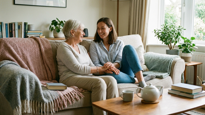 Eine ältere Frau und ihre erwachsene Tochter sitzen entspannt auf einem gemütlichen Sofa und lächeln sich an. Die Stimmung ist harmonisch und entlastet.