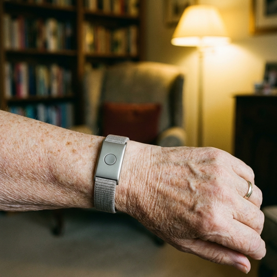 Nahaufnahme des Handgelenks eines Seniors, der ein modernes, unauffälliges Hausnotruf-Armband trägt. Der Hintergrund zeigt ein gemütliches, unscharfes Wohnzimmer.