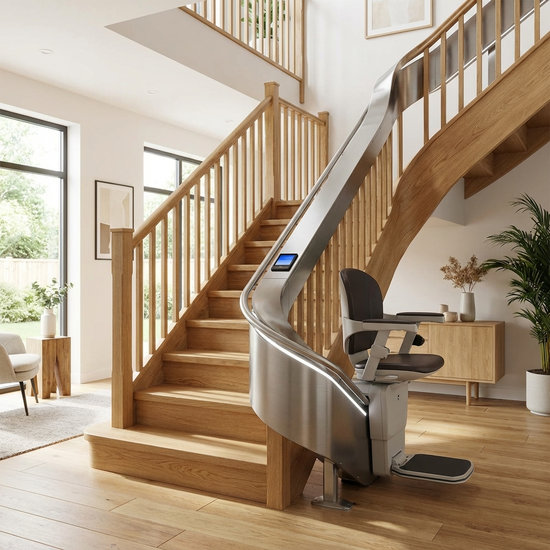 Ein eleganter, moderner Treppenlift an einer Holztreppe in einem gepflegten Wohnhaus. Helle, einladende Umgebung.