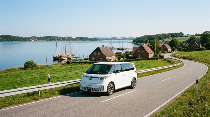 Ein moderner weißer Kleinbus fährt auf einer malerischen Straße an der Flensburger Förde entlang. Ruhiges Wasser im Hintergrund, klares norddeutsches Wetter, realistische Fotografie ohne Text.