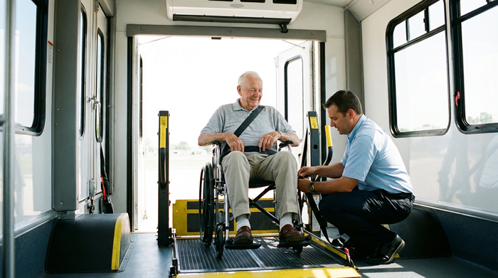 Ein geduldiger Fahrer sichert einen älteren Herrn im Rollstuhl fachgerecht über eine Hebebühne im hinteren Teil eines geräumigen Transportbusses. Helle Umgebung, professionelle Handgriffe, realistische Szene ohne Text.