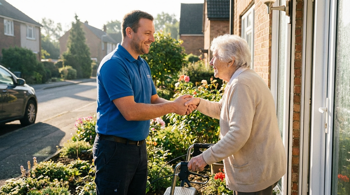 Ein freundlicher Fahrer im blauen Poloshirt begrüßt eine ältere Dame mit Rollator herzlich an ihrer Haustür. Morgensonne, gepflegter Vorgarten, vertrauensvolle Interaktion, realistische Szene ohne Text.