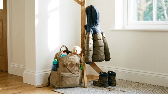 Eine gepackte Tasche für die Tagespflege steht ordentlich neben einer Garderobe im Hausflur, daneben eine warme Jacke und feste Schuhe. Aufgeräumtes, helles Zuhause, realistische Szene ohne Text.