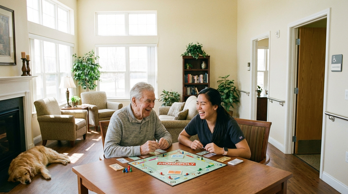 Ein älterer Herr mit grauem Haar und eine junge Pflegerin spielen fröhlich ein Brettspiel in einem hellen, gemütlichen Aufenthaltsraum. Die Umgebung ist freundlich, sicher und barrierefrei gestaltet.