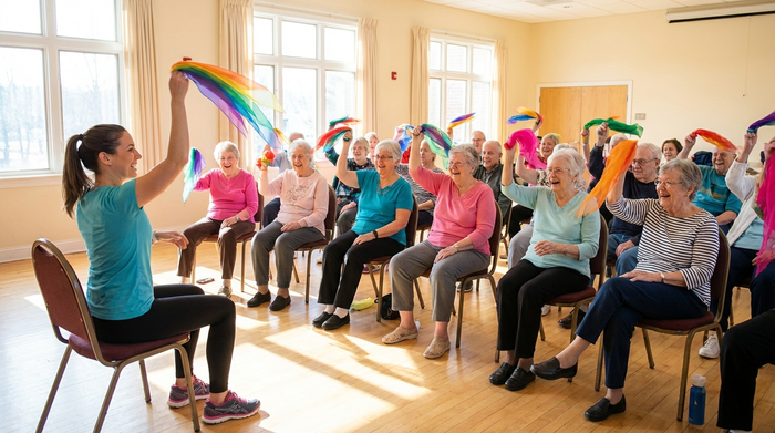 Eine Gruppe von Senioren macht leichte Sitzgymnastik mit bunten Tüchern in einem lichtdurchfluteten Raum. Eine motivierte Therapeutin macht die Bewegungen vor. Alle lächeln und sind aktiv.