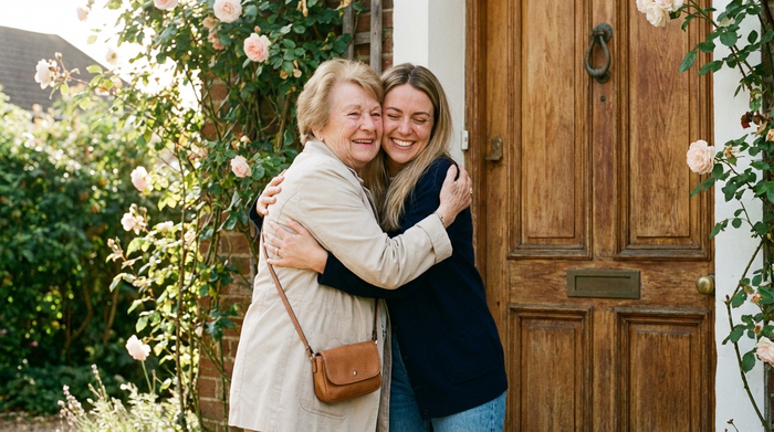 Eine lächelnde Tochter umarmt ihre ältere Mutter liebevoll vor der Haustür. Die Mutter trägt eine leichte Jacke und hat eine kleine Tasche dabei. Die Szene strahlt tiefe Verbundenheit und Erleichterung aus.