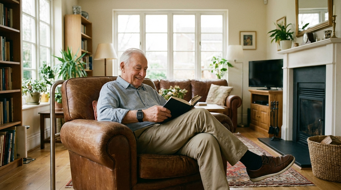 Ein moderner, unauffälliger Hausnotruf-Knopf am Handgelenk eines Seniors, der entspannt in einem bequemen Sessel liest. Das Wohnzimmer ist gemütlich, hell und sicher eingerichtet.