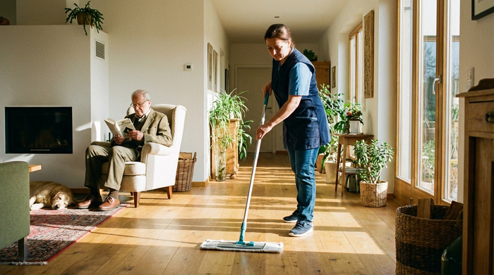 Eine professionelle Reinigungskraft wischt mit einem modernen Mopp den Holzboden eines sonnendurchfluteten Flurs, während im Hintergrund ein älterer Herr entspannt in einem gemütlichen Sessel sitzt und ein Buch liest.