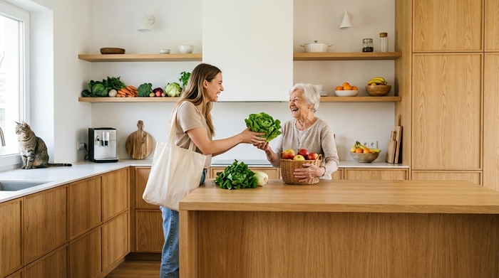 Eine junge Alltagsbegleiterin und eine ältere Dame räumen gemeinsam frische Lebensmittel wie Gemüse und Obst in eine saubere, moderne Holzküche ein. Beide lachen und wirken sehr vertraut miteinander.