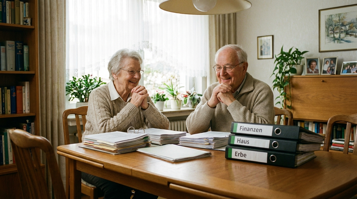 Ein älteres Ehepaar sitzt am heimischen Esstisch und schaut zufrieden auf einige ordentlich sortierte Dokumente. Die Stimmung ist erleichtert und positiv, sanftes Tageslicht fällt in den gemütlichen Raum.
