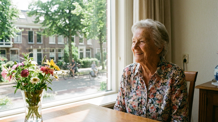 Eine rüstige Seniorin blickt glücklich aus dem Fenster ihrer gepflegten Wohnung auf eine ruhige, von Bäumen gesäumte Straße. Die Wohnung ist blitzsauber, auf dem Tisch steht eine frische Blumenvase.