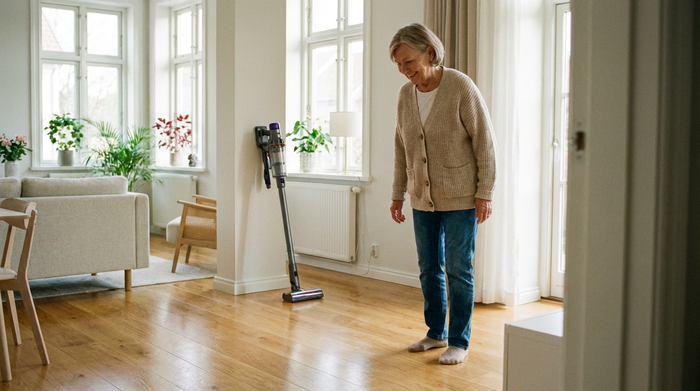 Eine ältere Frau steht in einem aufgeräumten, hellen Wohnzimmer und betrachtet zufrieden den sauberen Holzboden. Im Hintergrund sieht man einen modernen Staubsauger. Realistische Szene, freundliches Tageslicht.