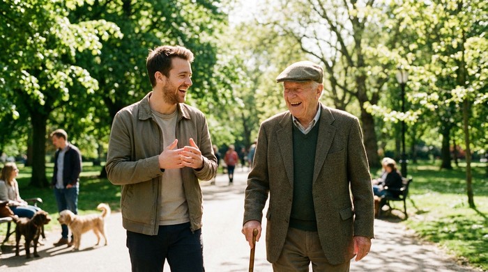 Ein engagierter jüngerer Mann geht mit einem älteren Herrn mit Gehstock im Park spazieren. Beide lachen und unterhalten sich angeregt. Sonniges Wetter, grüne Bäume, realistische und positive Stimmung.
