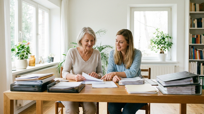 Eine ältere Dame sitzt entspannt am Schreibtisch und bespricht Dokumente mit ihrer Tochter. Auf dem Tisch liegen übersichtlich geordnete Papiere. Helle Umgebung, fokussierte und beruhigende Atmosphäre.