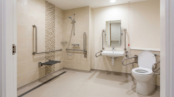 Ein sicheres, modern umgebautes Badezimmer für Senioren mit einer bodengleichen Dusche und stabilen Haltegriffen. Hell gefliest, sauber, ohne Personen. Fokus auf Sicherheit und Barrierefreiheit im Alter.