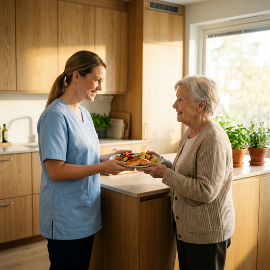 Eine liebevolle Pflegekraft reicht einer älteren Dame behutsam einen Teller mit frisch zubereitetem Essen. Die Szene findet in einer sauberen, modernen Küche statt. Beide lächeln sich freundlich an. Warmes Licht, realistische und harmonische Stimmung.