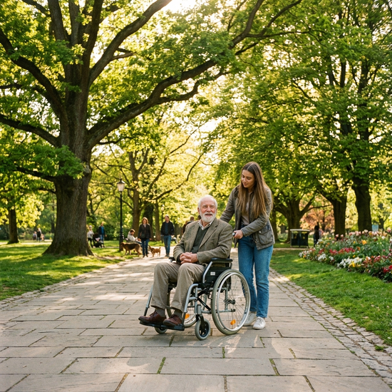 Ein älterer Herr im Rollstuhl und eine junge Betreuerin machen einen entspannten Spaziergang in einem sonnigen Park mit großen, grünen Bäumen. Die Betreuerin schiebt den Rollstuhl sanft über einen gepflasterten Weg.