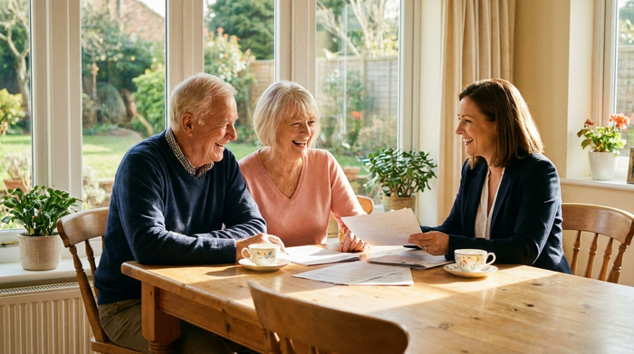 Ein älteres Ehepaar sitzt am Esstisch und schaut gemeinsam mit einer freundlichen Beraterin auf einige Dokumente. Die Stimmung ist entspannt und zuversichtlich. Helles Tageslicht fällt durch das Fenster auf den Tisch.