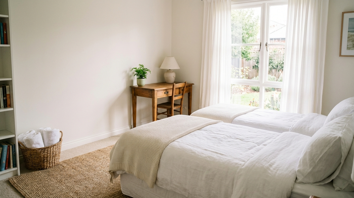 Ein helles, gemütlich eingerichtetes Gästezimmer mit einem frisch bezogenen Bett, einem kleinen Schreibtisch und einem Fenster mit weißen Gardinen. Auf dem Schreibtisch steht eine kleine, grüne Pflanze. Einladende und saubere Umgebung.