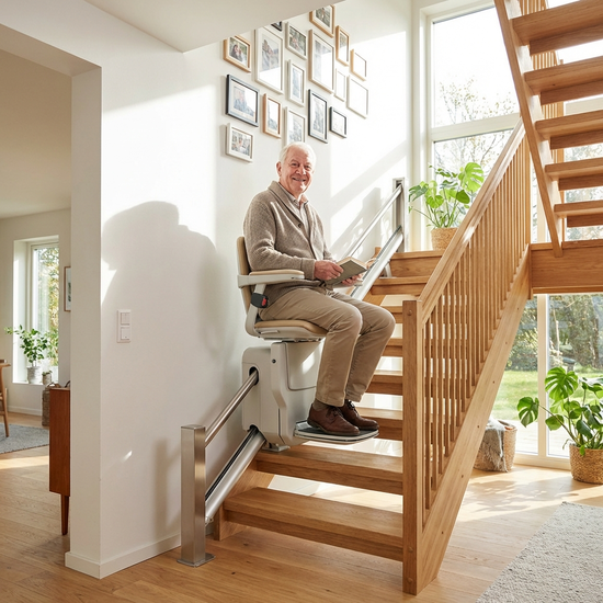 Ein moderner Treppenlift an einer schönen Holztreppe in einem gepflegten Einfamilienhaus. Ein Senior sitzt sicher und entspannt auf dem Lift und fährt langsam nach oben. Helle, freundliche Beleuchtung.