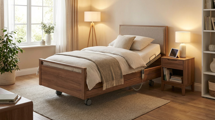 Ein modernes, elektrisch verstellbares Pflegebett in einem gemütlichen, gut beleuchteten Schlafzimmer zu Hause, mit ordentlicher Bettwäsche und einem Nachttisch daneben.