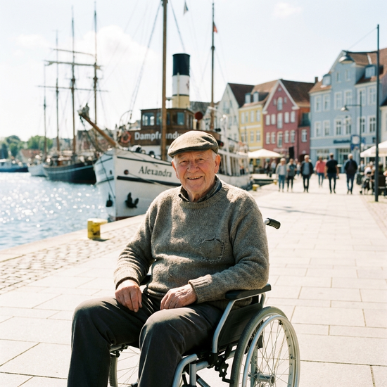 Ein älterer Herr im leichten Rollstuhl lächelt entspannt bei einem sonnigen Spaziergang am Flensburger Hafen, im Hintergrund unscharf maritimes Flair.