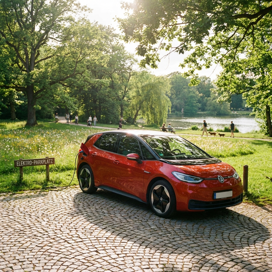 Ein rotes Elektromobil parkt sicher auf einem gepflasterten Weg in einem grünen, sonnigen Park.