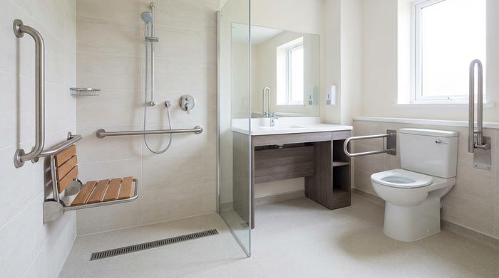 Ein sauberes, barrierefreies Badezimmer mit einer ebenerdigen Dusche, stabilen Edelstahl-Haltegriffen an den hellen Fliesen und einem rutschfesten Duschsitz.
