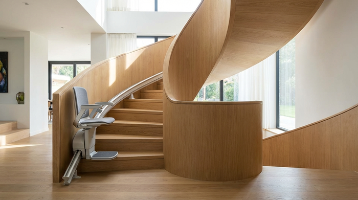 Ein moderner, unauffälliger Treppenlift, der an einer geschwungenen Holztreppe in einem gepflegten Einfamilienhaus installiert ist.